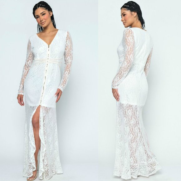 San Joy | Dresses | Nwt San Joy Front Slit Lace Maxi Mermaid Prom Dress ...